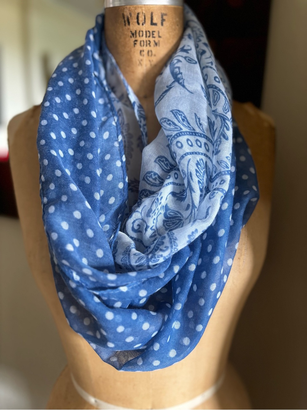 Blue Polka Dot & Paisley Lightweight infinity Scarf